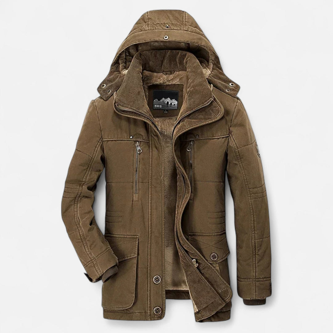 Men's hooded quilted parka jacket with multiple pockets and layered front closure