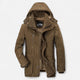 Men's hooded quilted parka jacket with multiple pockets and layered front closure