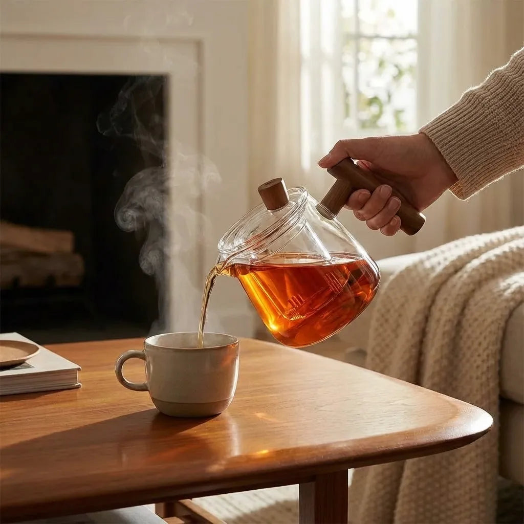Clear glass teapot with central infuser and wood-effect handle