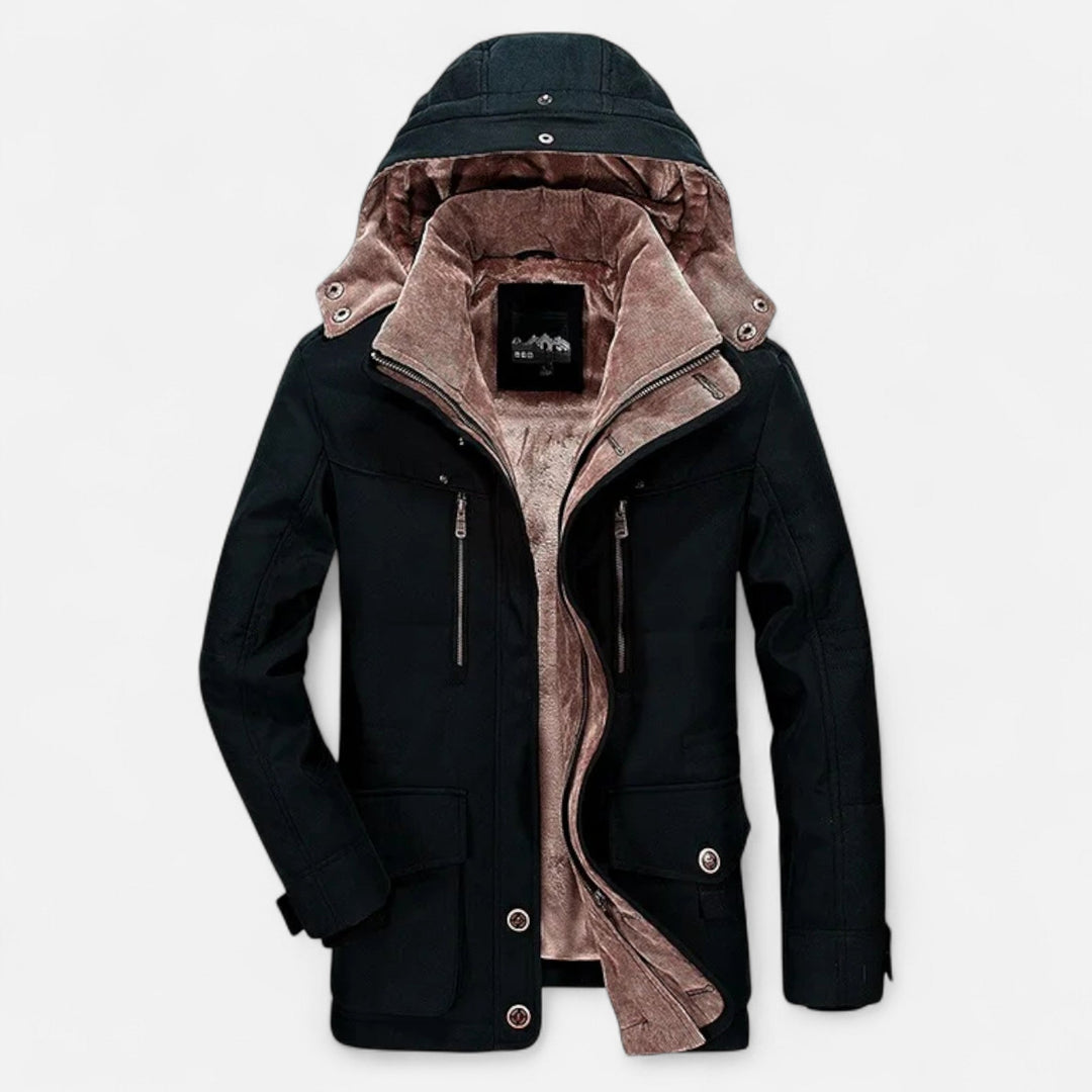 Men's hooded quilted parka jacket with multiple pockets and layered front closure
