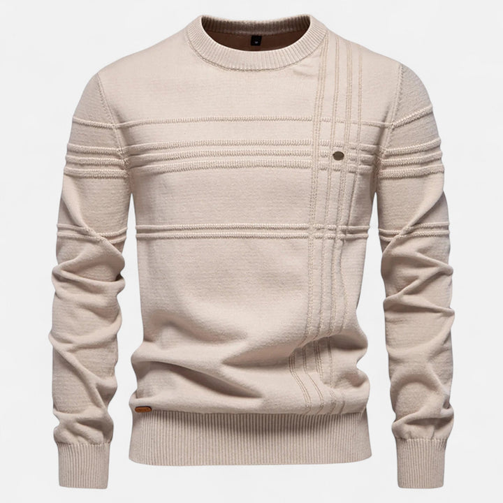 Men's long-sleeve crew neck sweater with horizontal textured stripes and ribbed trims