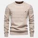 Men's long-sleeve crew neck sweater with horizontal textured stripes and ribbed trims