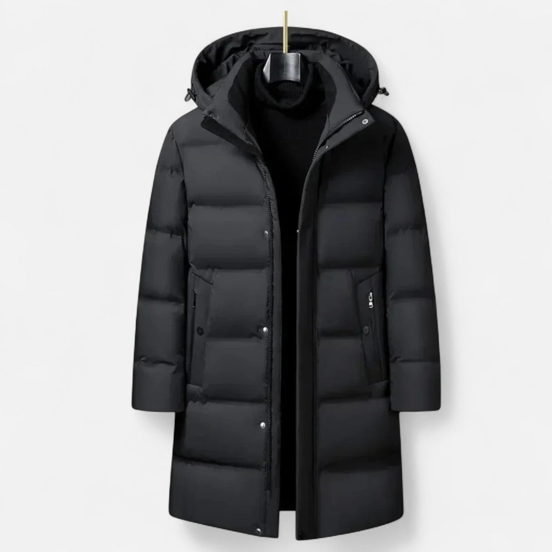 Men's long hooded quilted puffer parka with zip and snap front