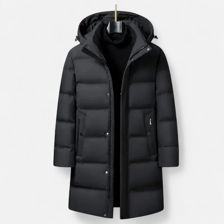 Men's long hooded quilted puffer parka with zip and snap front