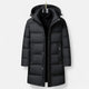 Men's long hooded quilted puffer parka with zip and snap front