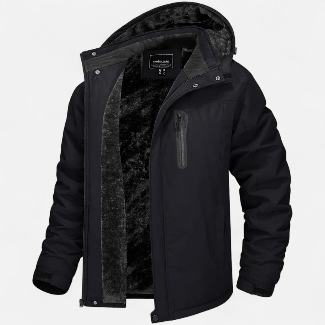 Men's hooded winter parka with fleece lining, zip front and long sleeves