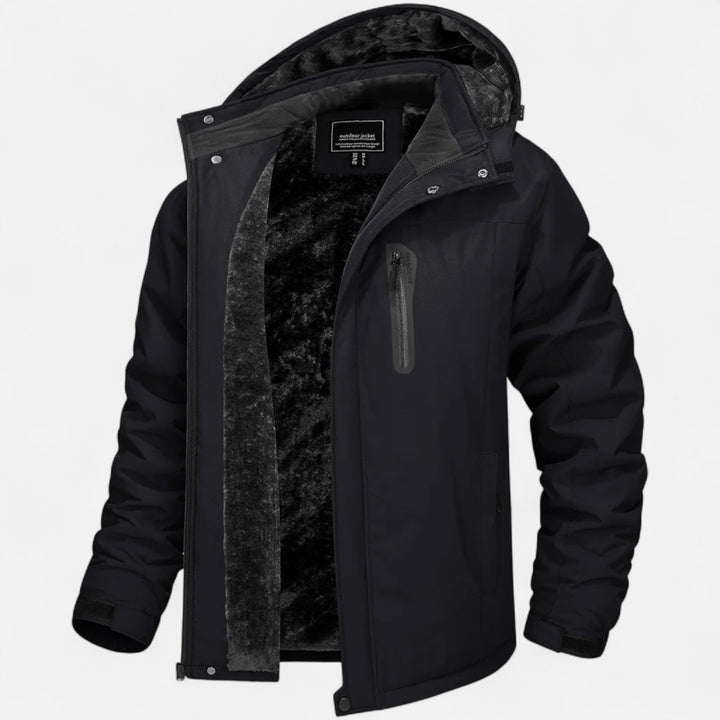Men's hooded winter parka with fleece lining, zip front and long sleeves