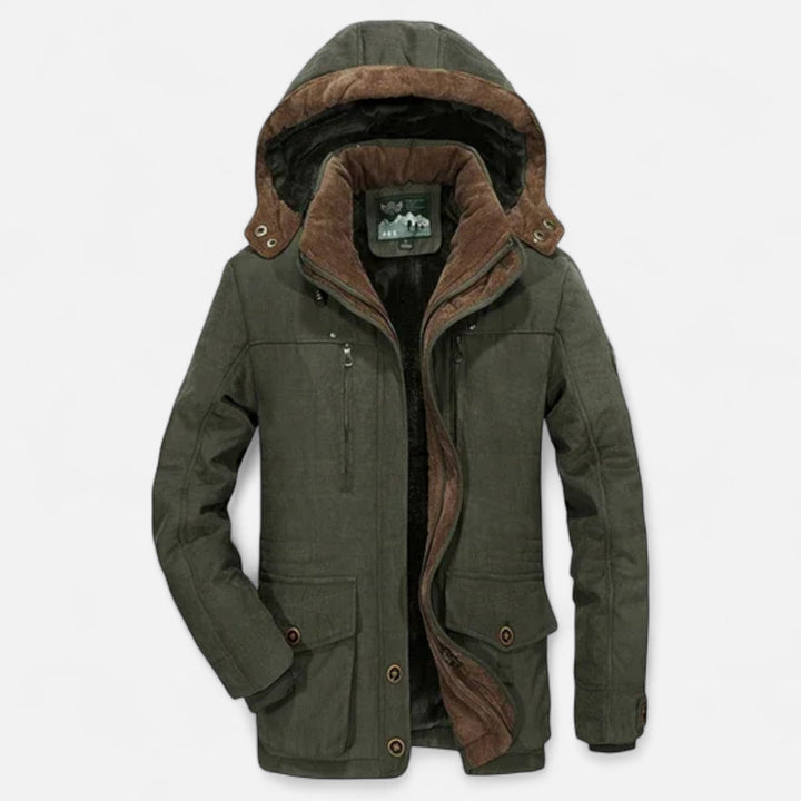 Men's hooded quilted parka jacket with multiple pockets and layered front closure