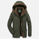 Men's hooded quilted parka jacket with multiple pockets and layered front closure