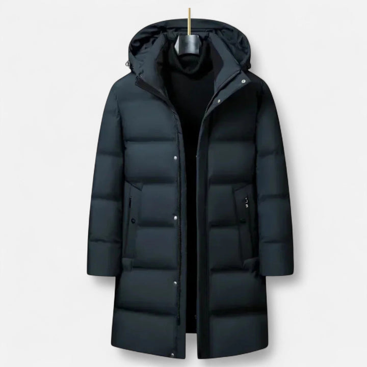 Men's long hooded quilted puffer parka with zip and snap front