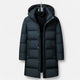 Men's long hooded quilted puffer parka with zip and snap front