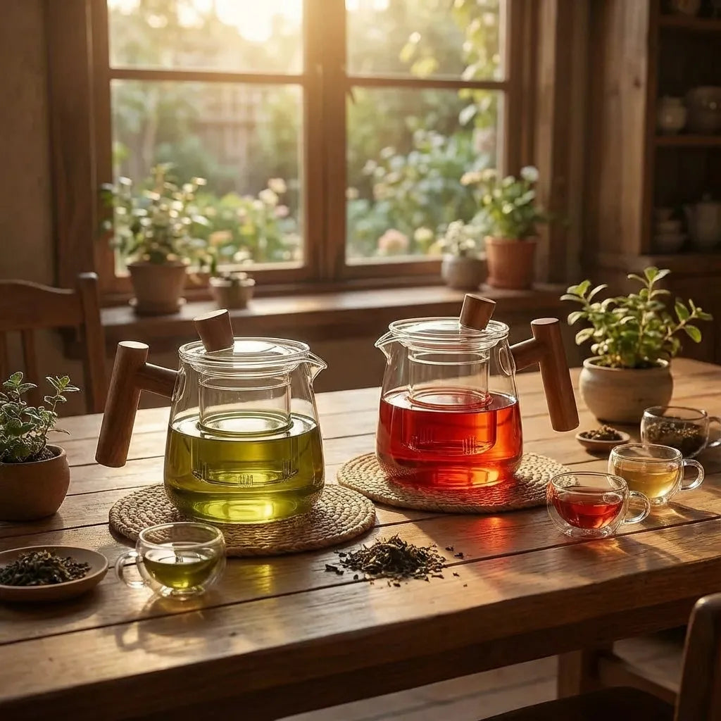 Clear glass teapot with central infuser and wood-effect handle
