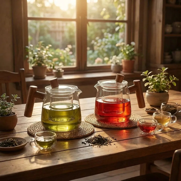 Clear glass teapot with central infuser and wood-effect handle