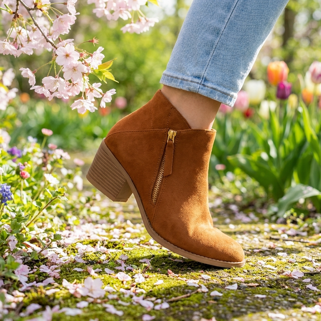 Women's ankle boot with side zipper, rounded toe and block heel