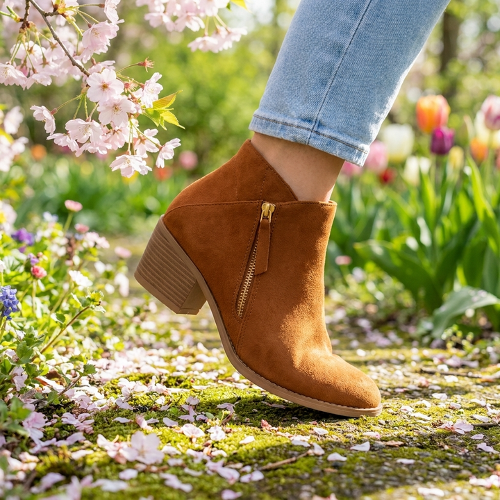 Women's ankle boot with side zipper, rounded toe and block heel