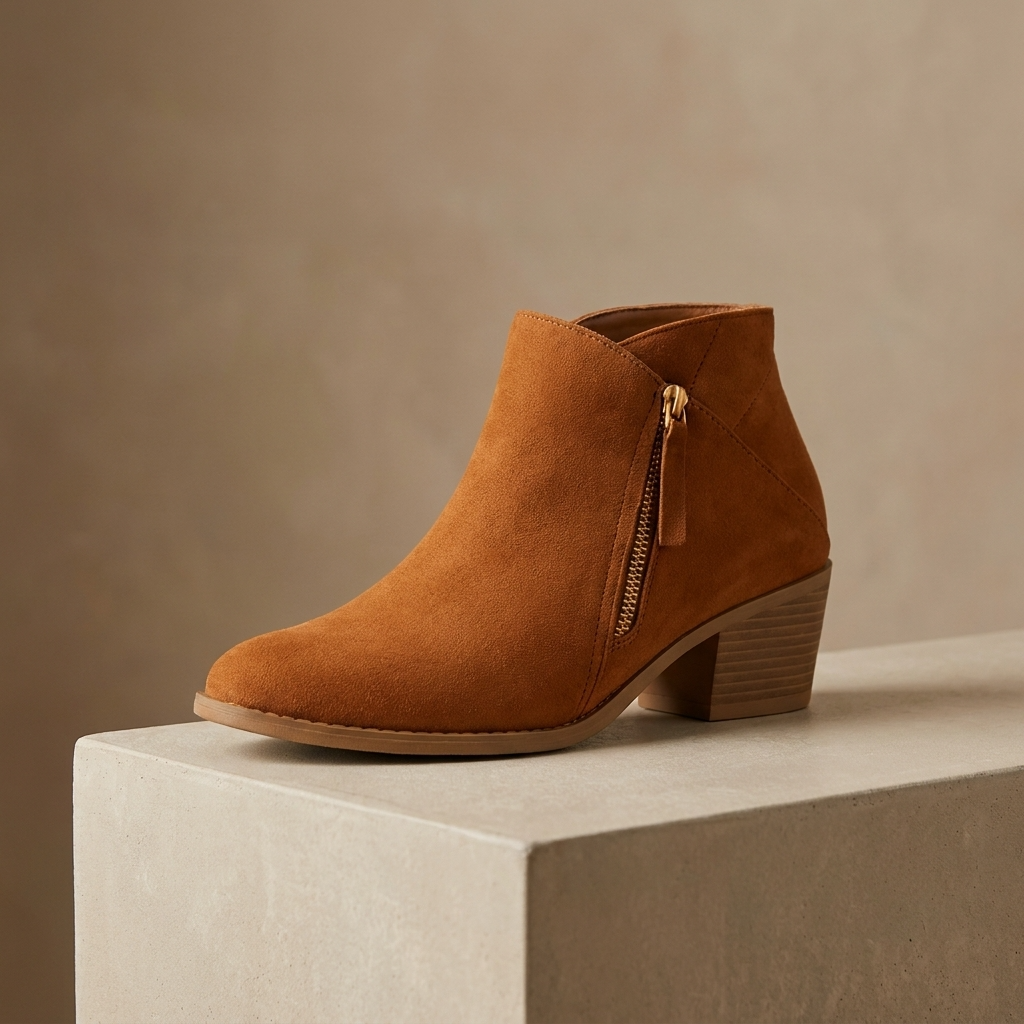 Women's ankle boot with side zipper, rounded toe and block heel