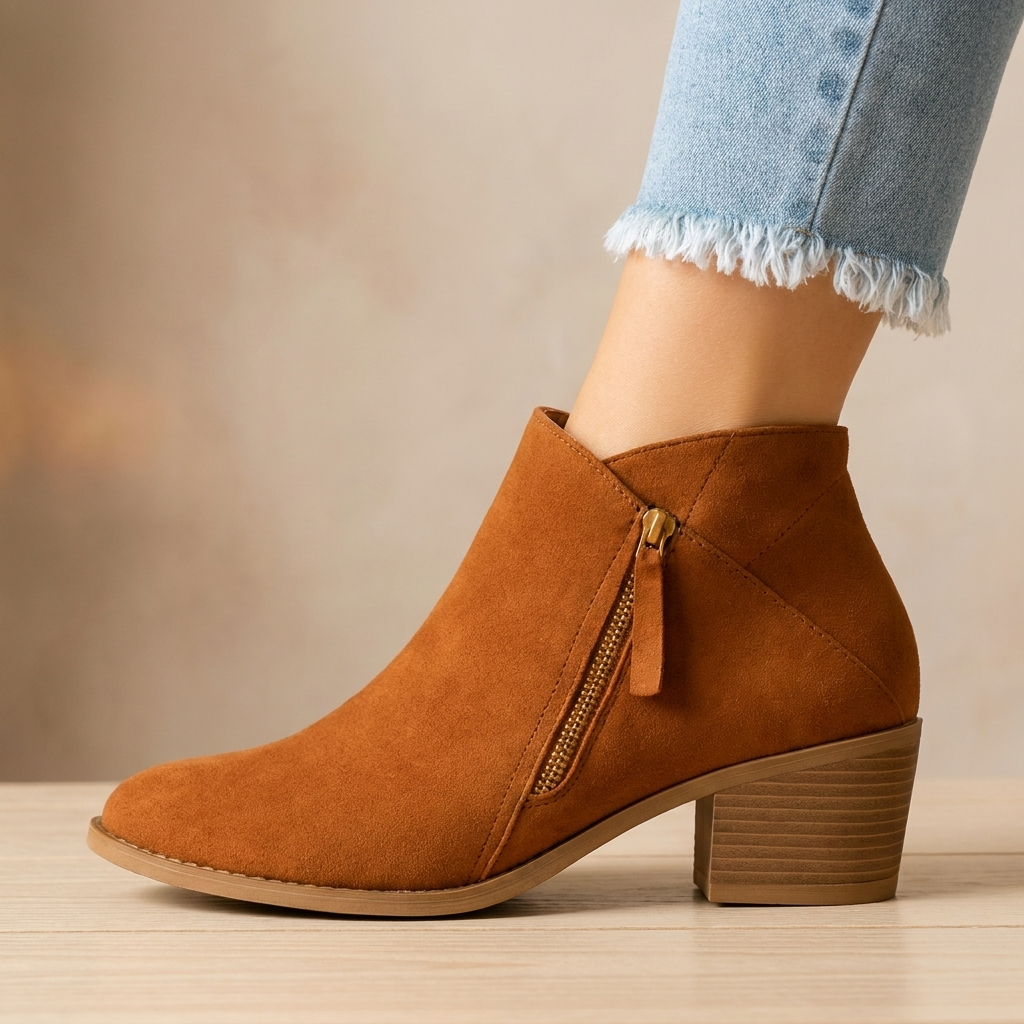 Women's ankle boot with side zipper, rounded toe and block heel