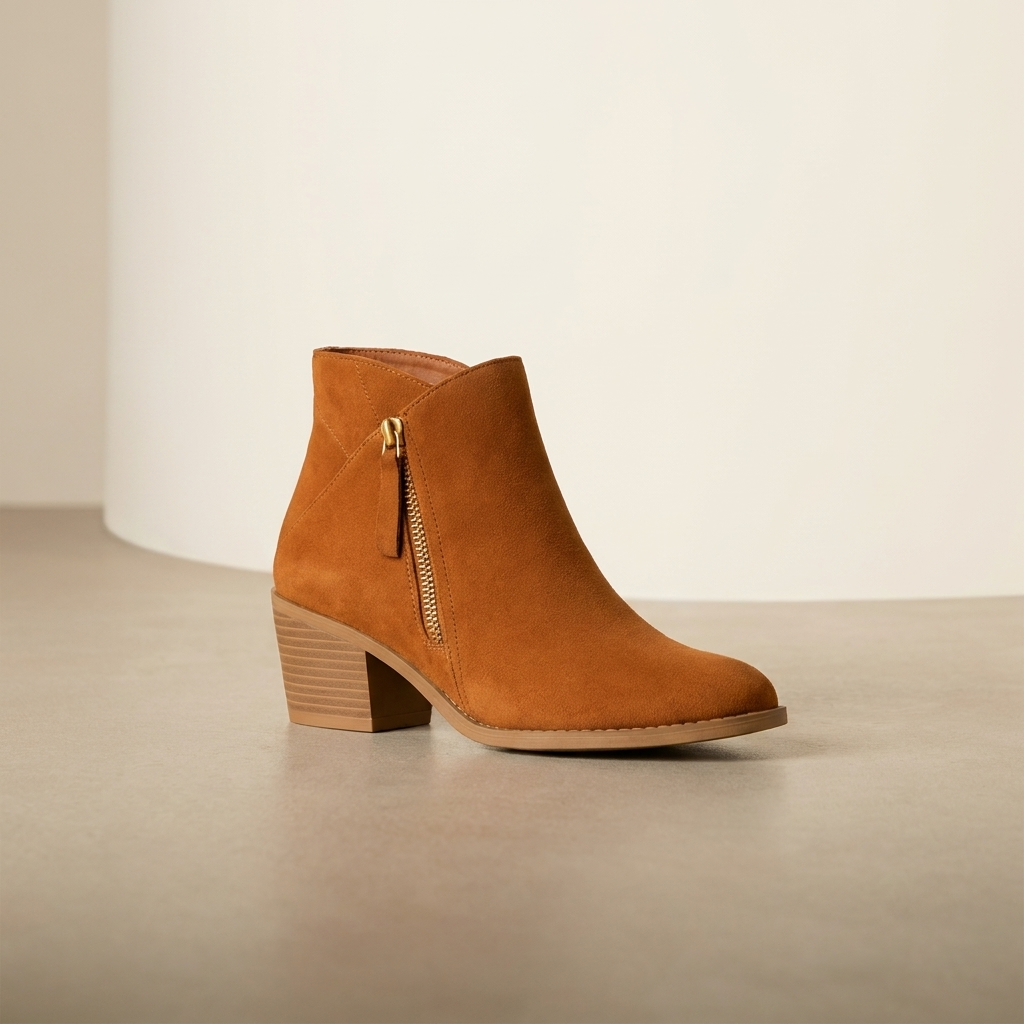 Women's ankle boot with side zipper, rounded toe and block heel