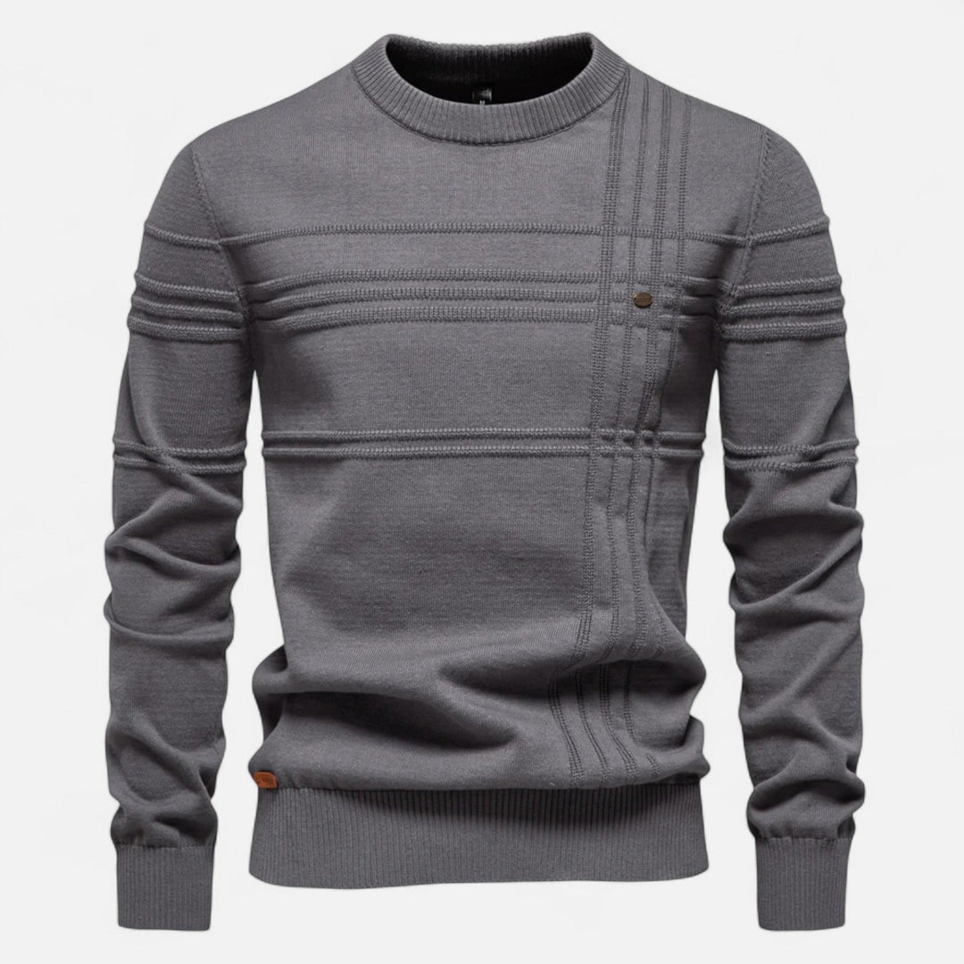 Men's long-sleeve crew neck sweater with horizontal textured stripes and ribbed trims
