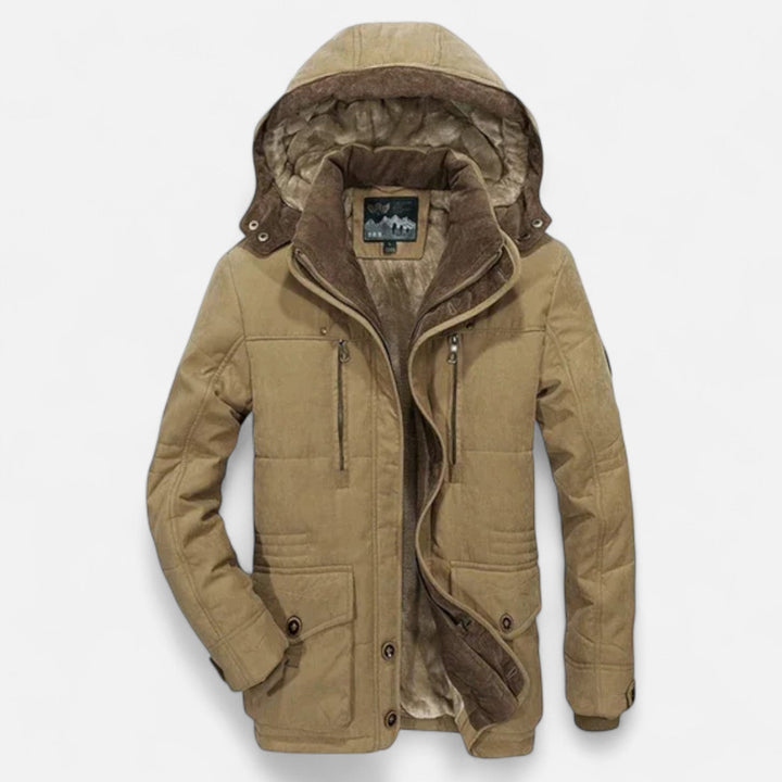 Men's hooded quilted parka jacket with multiple pockets and layered front closure