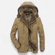Men's hooded quilted parka jacket with multiple pockets and layered front closure