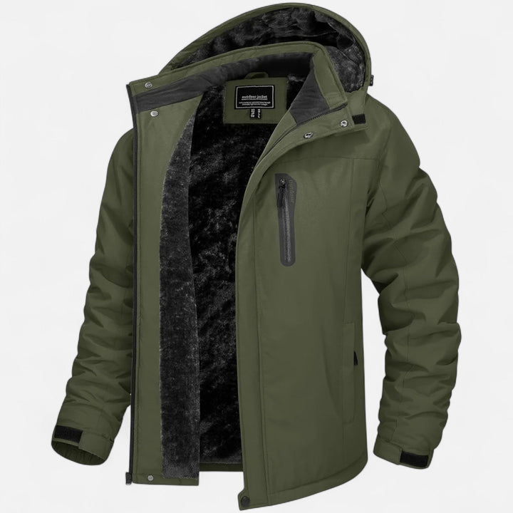 Men's hooded winter parka with fleece lining, zip front and long sleeves