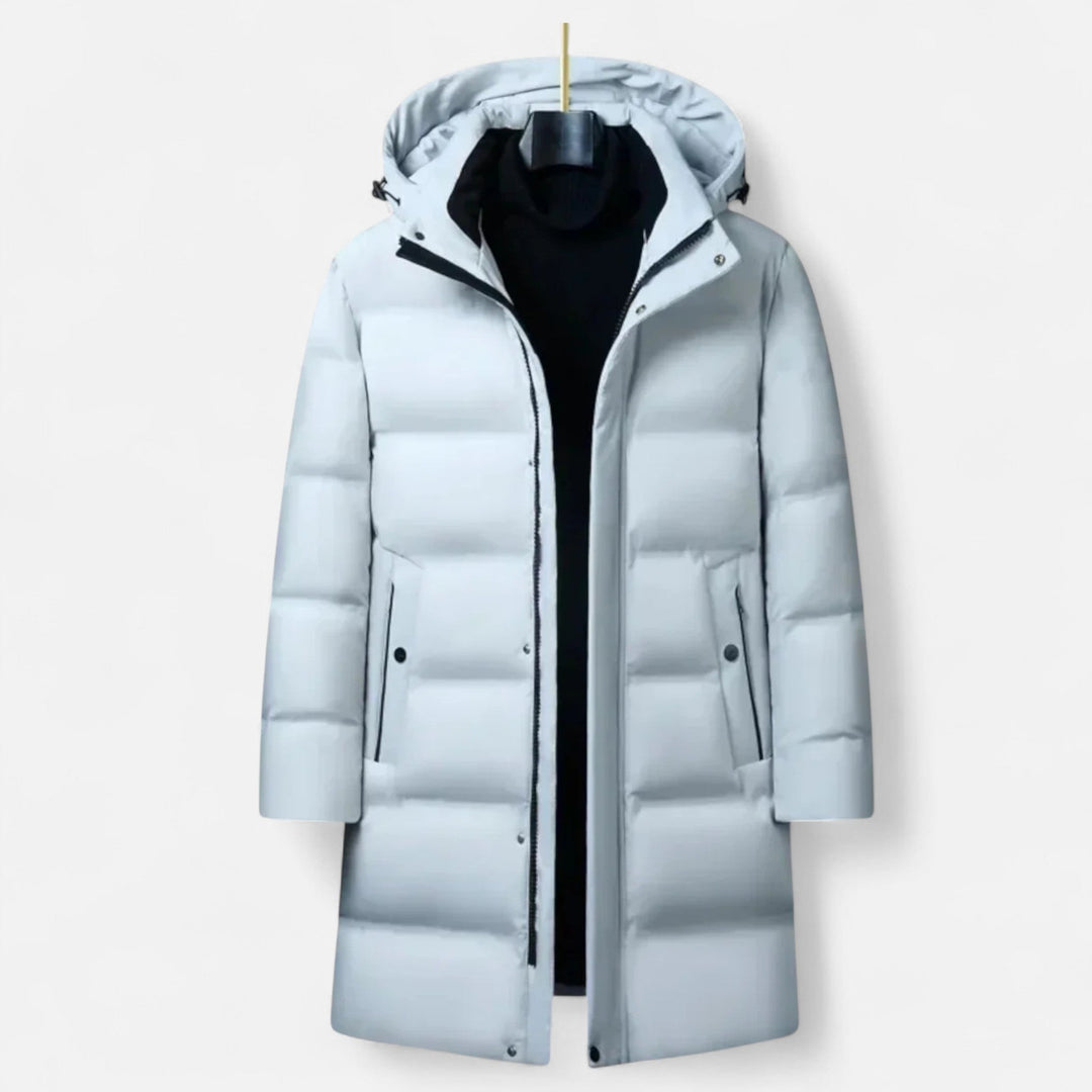 Men's long hooded quilted puffer parka with zip and snap front