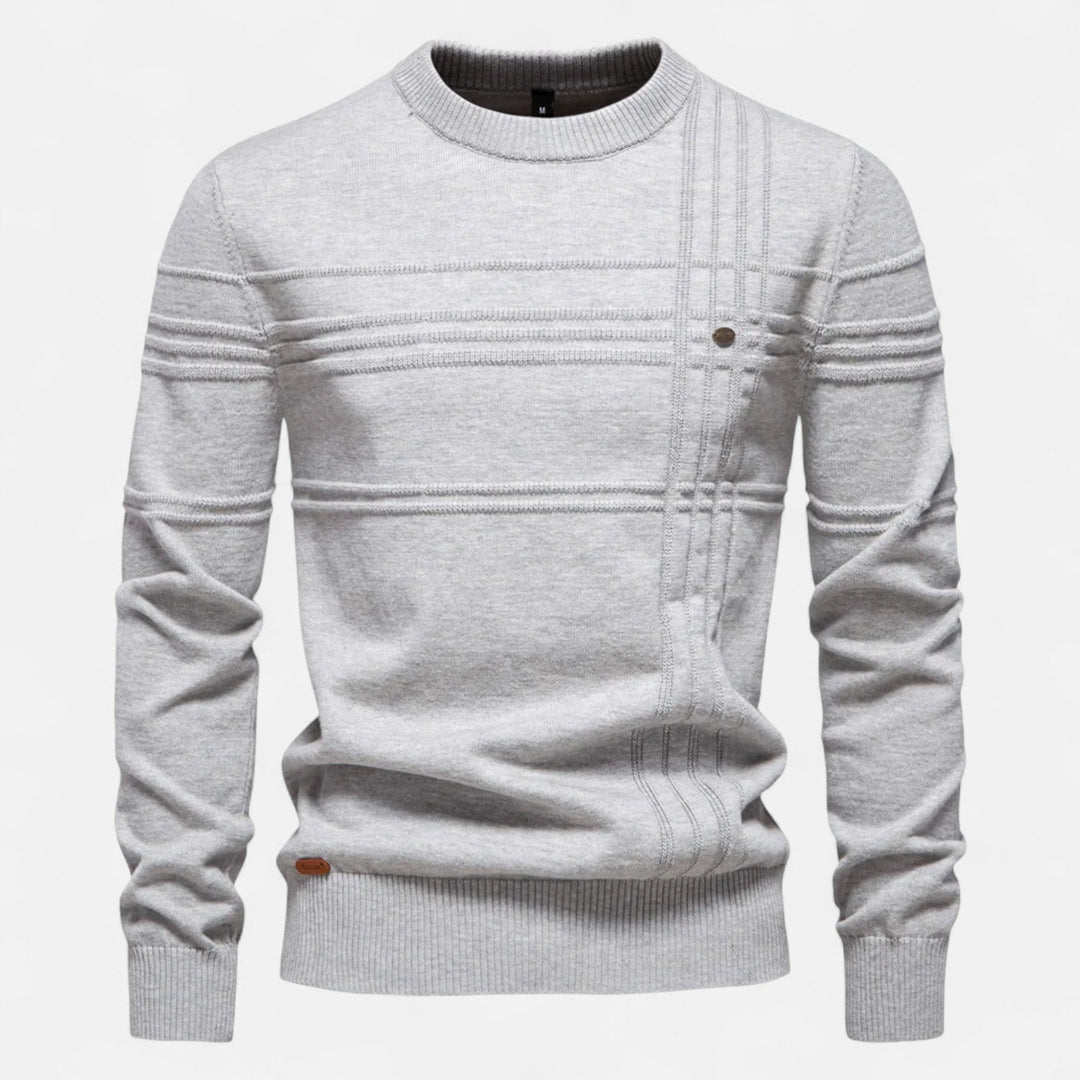 Men's long-sleeve crew neck sweater with horizontal textured stripes and ribbed trims