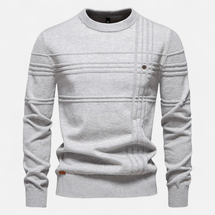 Men's long-sleeve crew neck sweater with horizontal textured stripes and ribbed trims