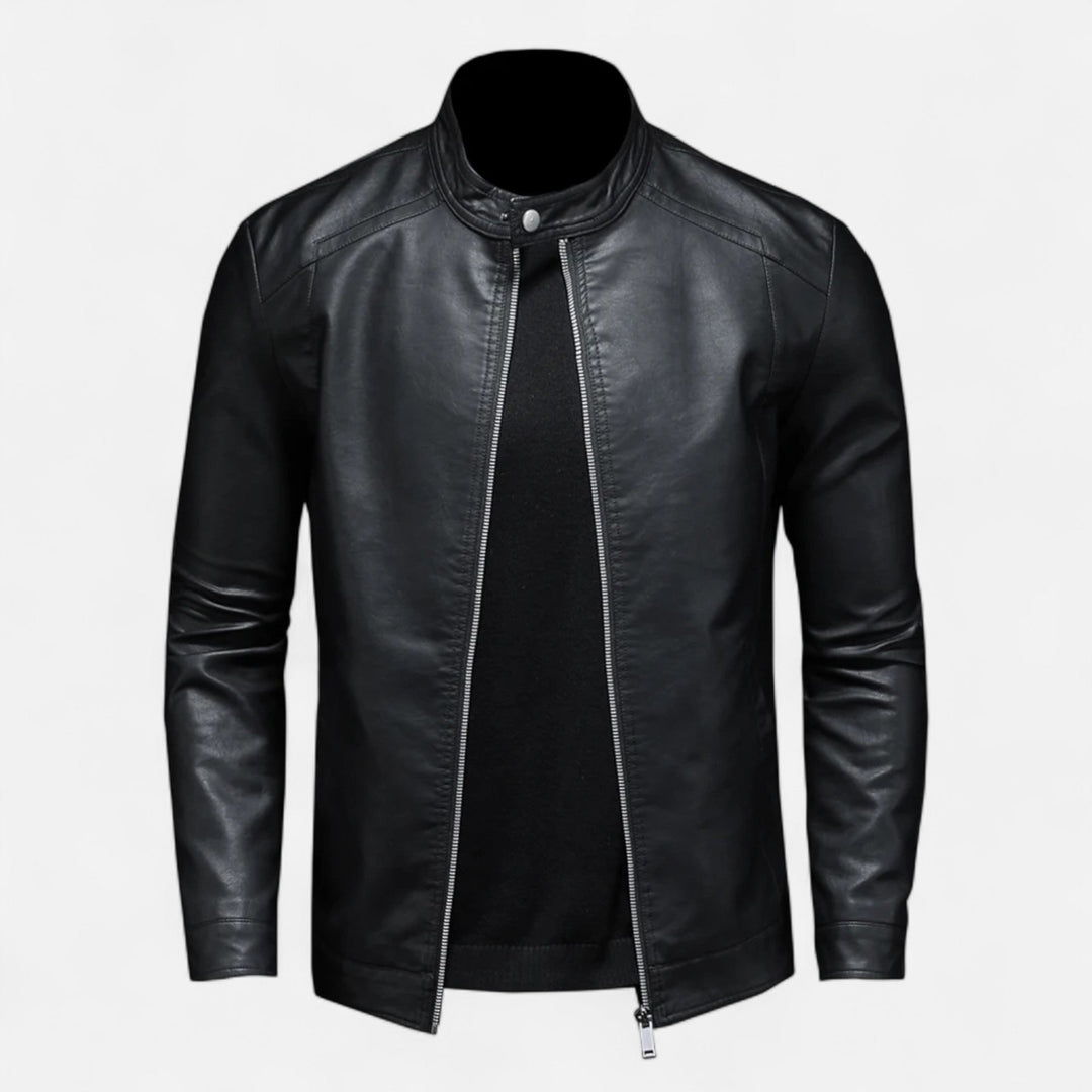 Men's black slim fit biker jacket with stand collar and zip front