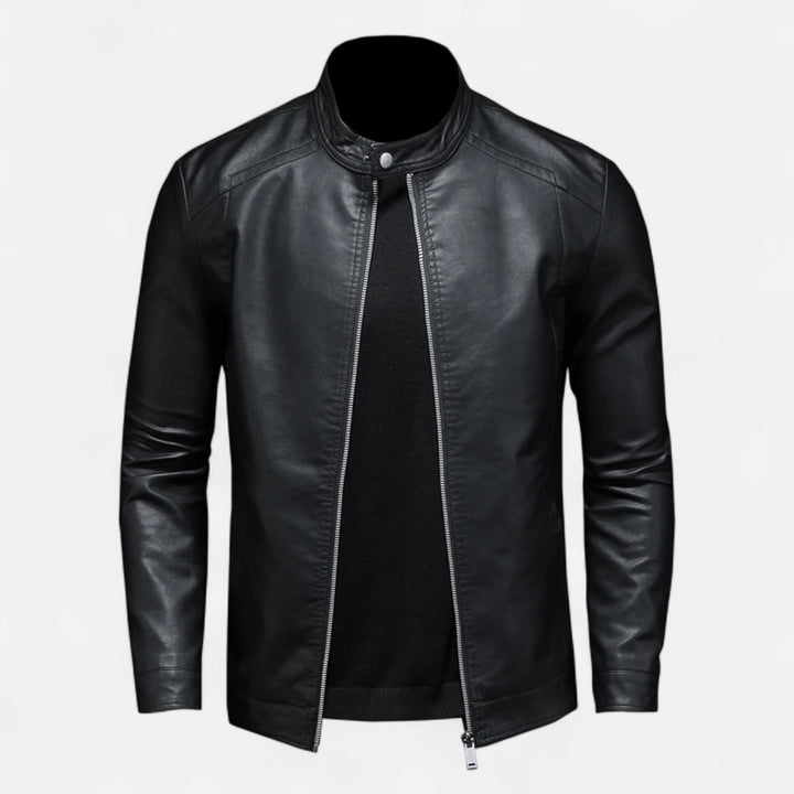 Men's black slim fit biker jacket with stand collar and zip front