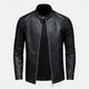 Men's black slim fit biker jacket with stand collar and zip front