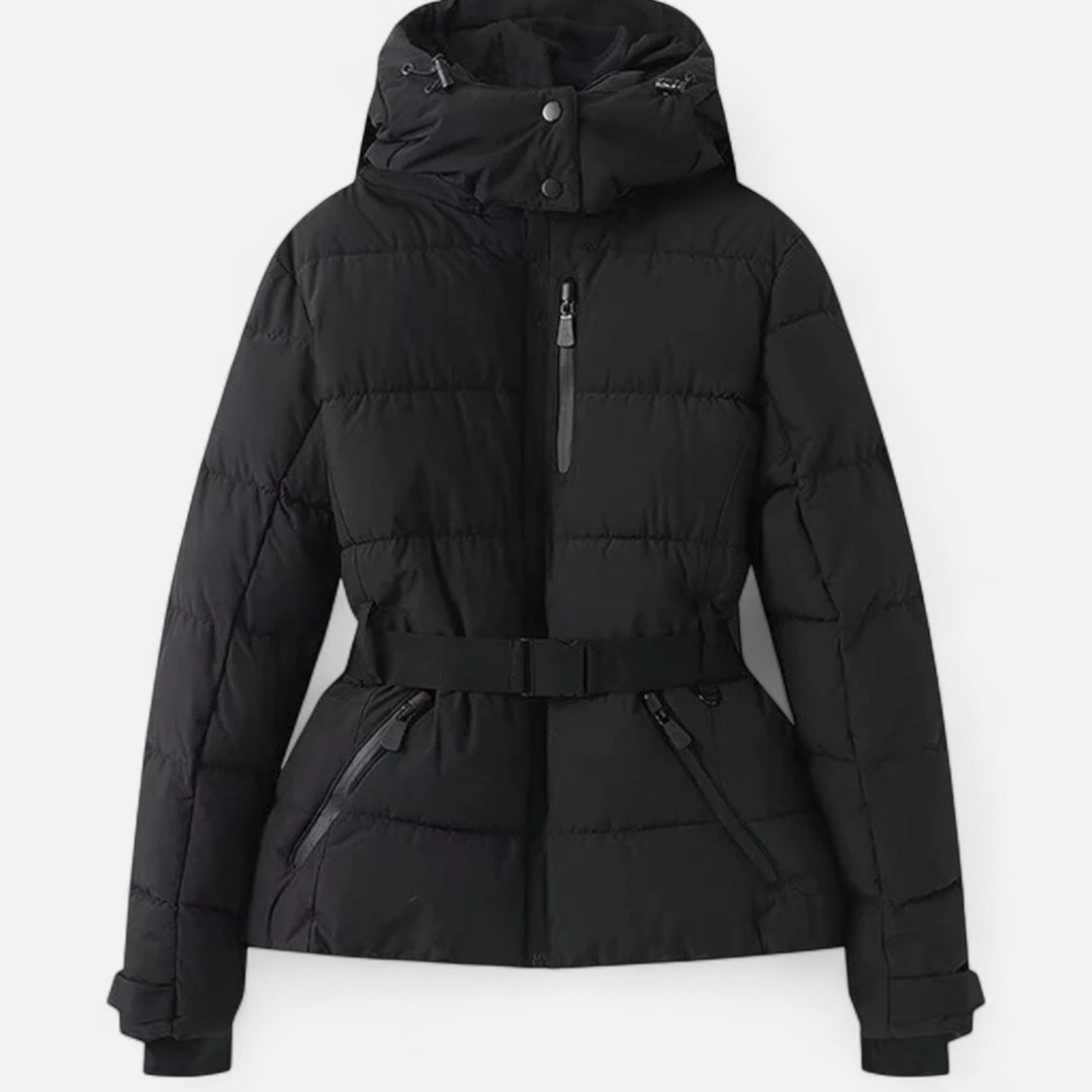 Women's belted quilted ski puffer jacket with hood and cropped hem
