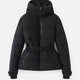 Women's belted quilted ski puffer jacket with hood and cropped hem