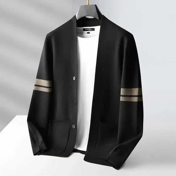 Button-front cardigan with contrast sleeve stripes and patch pockets