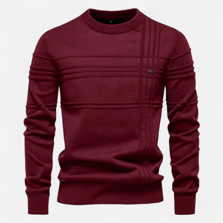Men's long-sleeve crew neck sweater with horizontal textured stripes and ribbed trims