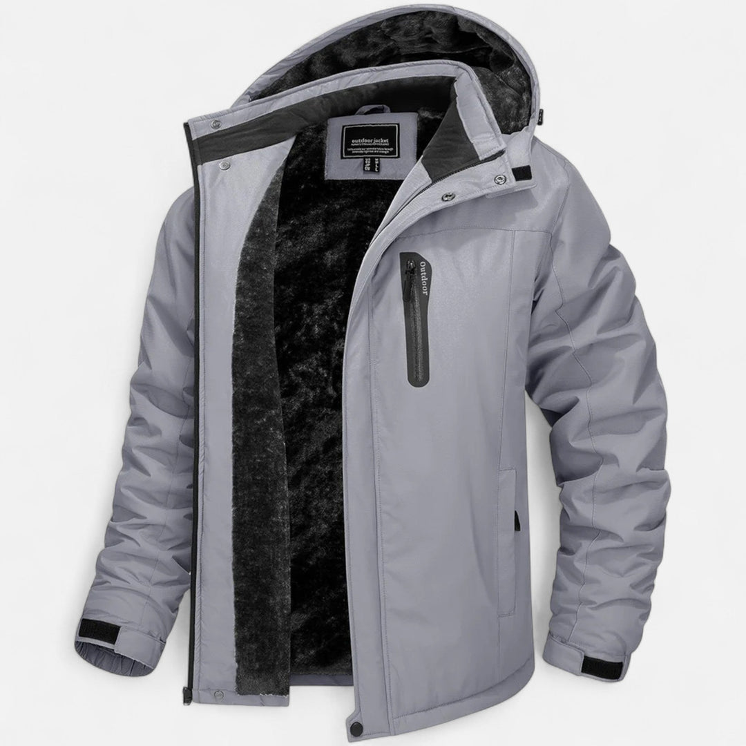 Men's hooded winter parka with fleece lining, zip front and long sleeves