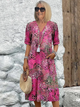Women's vibrant mosaic pattern midi dress with V-neck and three-quarter sleeves, shown in red and teal