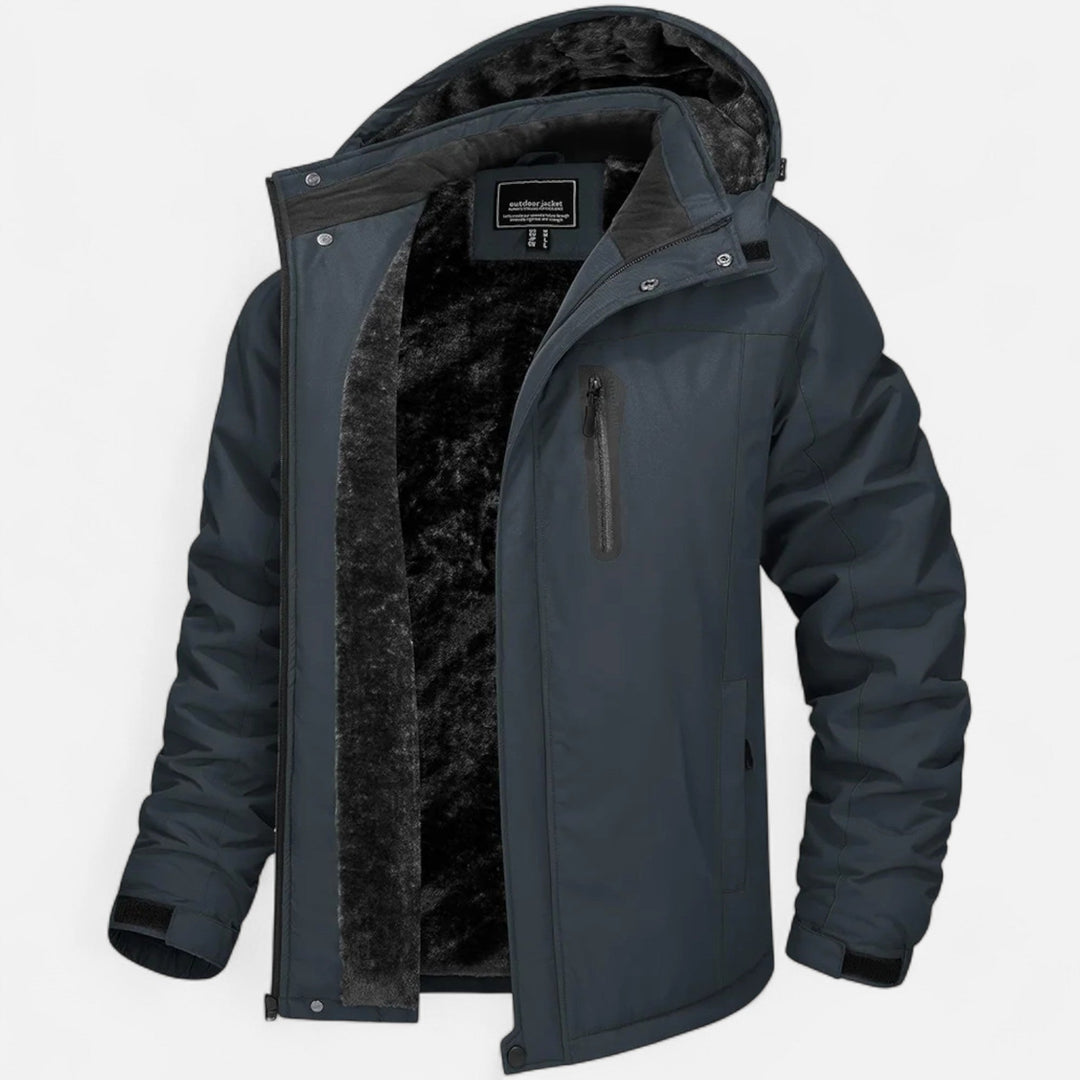 Men's hooded winter parka with fleece lining, zip front and long sleeves