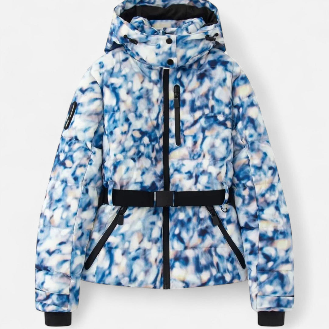 Women's belted quilted ski puffer jacket with hood and cropped hem