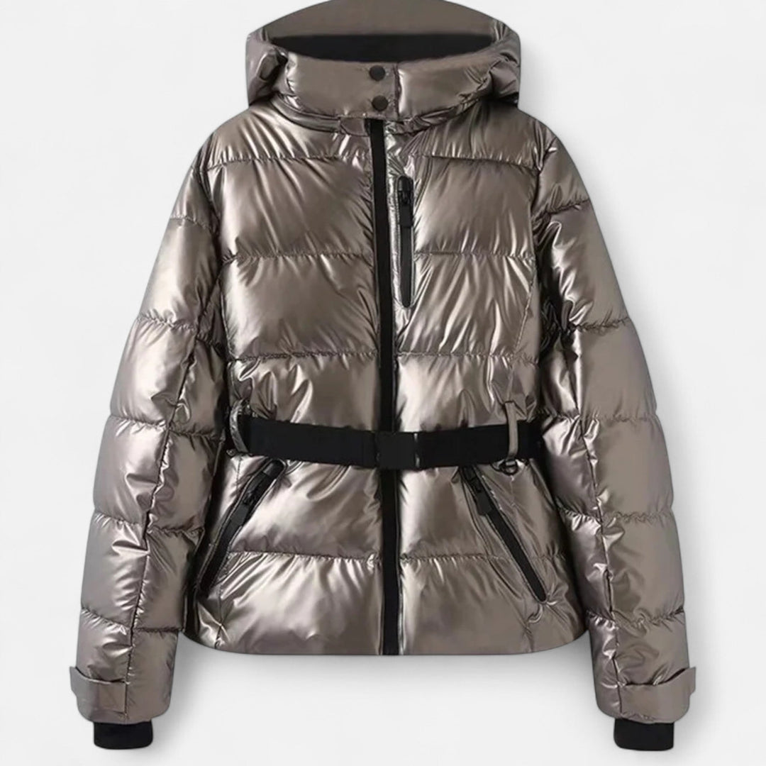 Women's belted quilted ski puffer jacket with hood and cropped hem