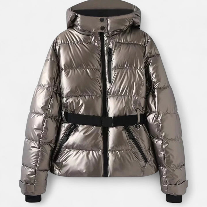 Women's belted quilted ski puffer jacket with hood and cropped hem