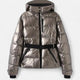 Women's belted quilted ski puffer jacket with hood and cropped hem
