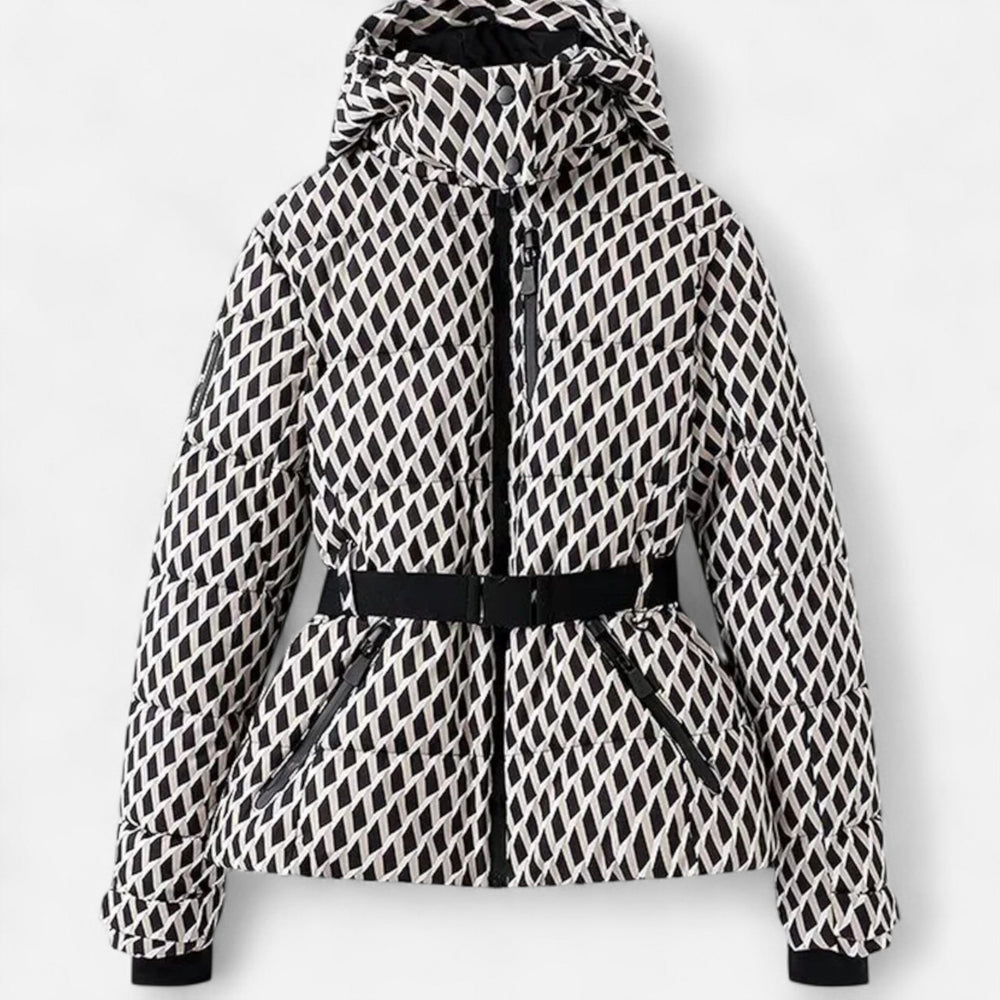 Women's belted quilted ski puffer jacket with hood and cropped hem