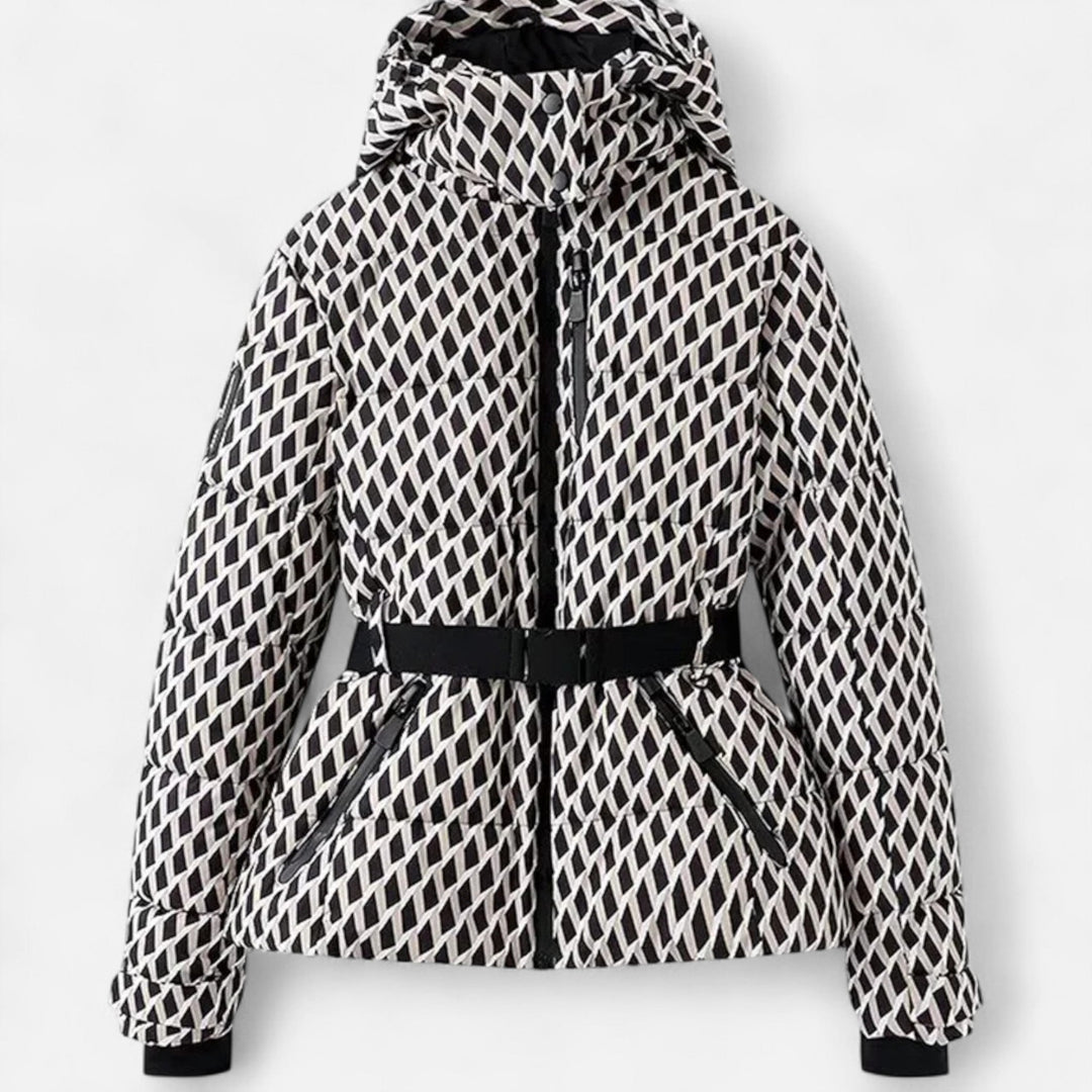 Women's belted quilted ski puffer jacket with hood and cropped hem