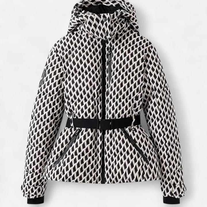 Women's belted quilted ski puffer jacket with hood and cropped hem