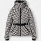 Women's belted quilted ski puffer jacket with hood and cropped hem