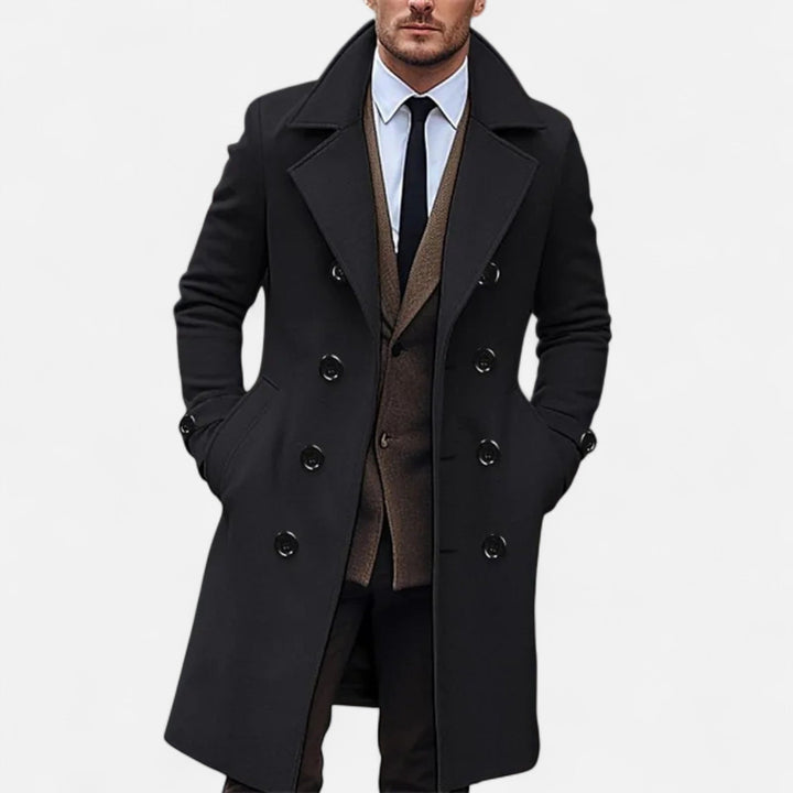 Men's long double-breasted overcoat with notched lapels and buttoned cuffs