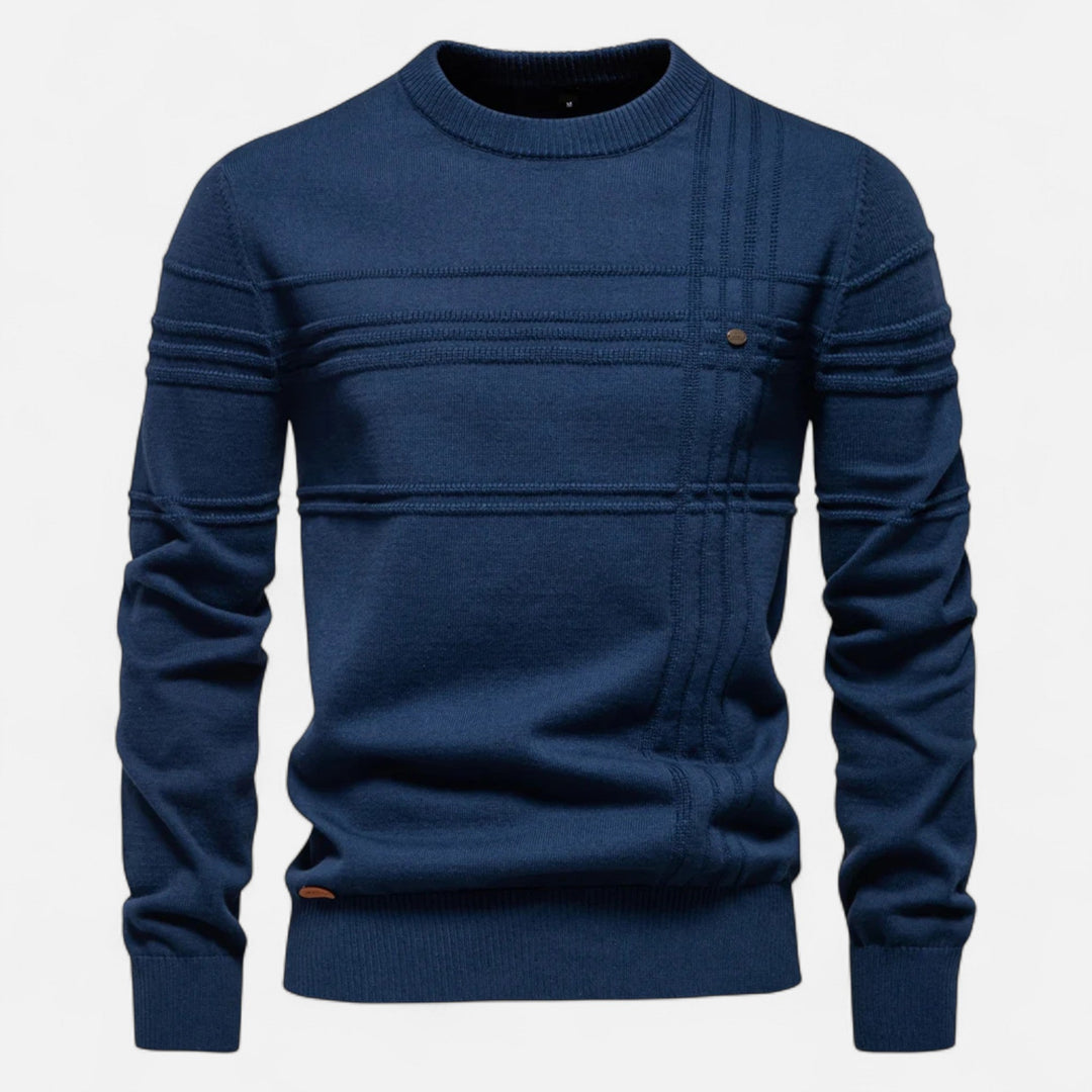Men's long-sleeve crew neck sweater with horizontal textured stripes and ribbed trims