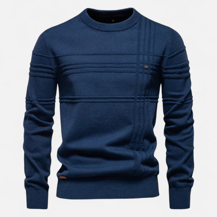 Men's long-sleeve crew neck sweater with horizontal textured stripes and ribbed trims